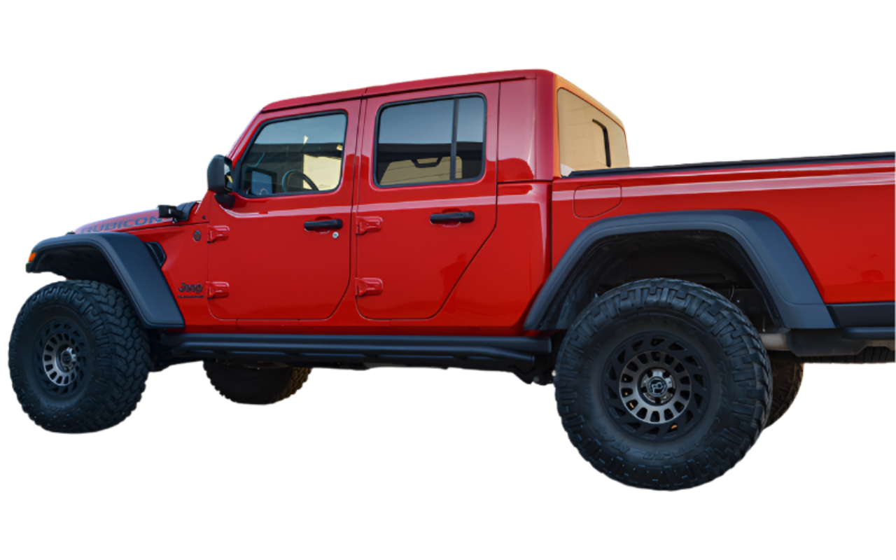 Heavy-duty rock sliders for 2019-current Jeep Gladiator, providing side protection for off-roading.