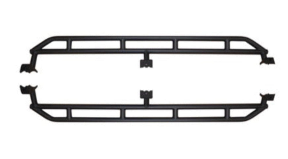 Black heavy-duty rock sliders for 2019-current Jeep Gladiator, providing side protection for off-roading.