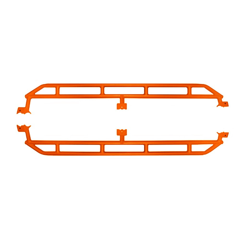 Florescent orange heavy-duty rock sliders for 2019-current Jeep Gladiator, providing side protection for off-roading.