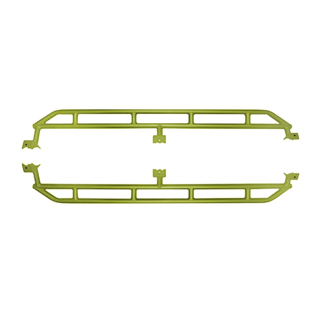 Gecko green heavy-duty rock sliders for 2019-current Jeep Gladiator, providing side protection for off-roading.