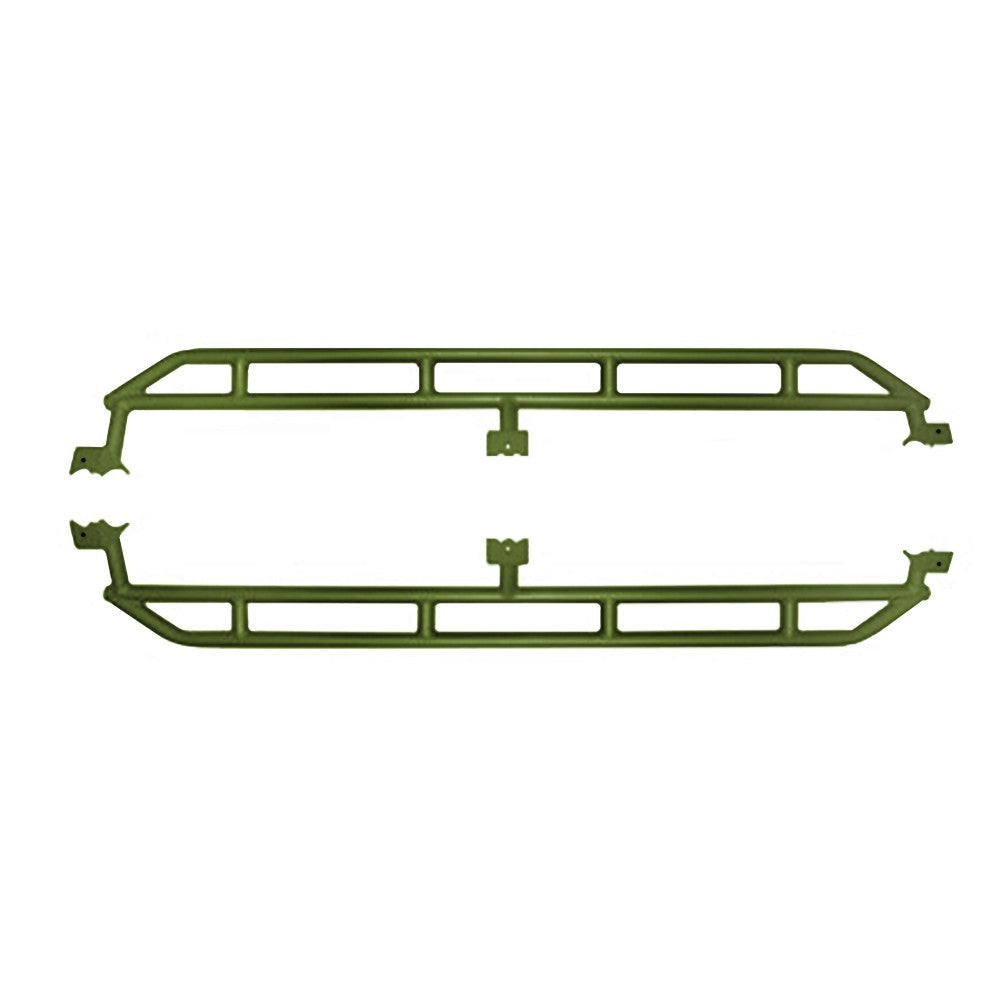 Locus green heavy-duty rock sliders for 2019-current Jeep Gladiator, providing side protection for off-roading.