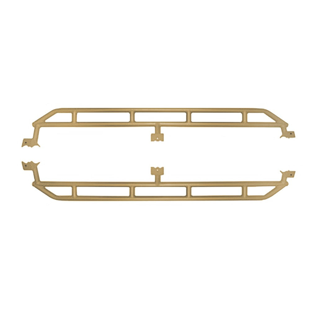 Military beige heavy-duty rock sliders for 2019-current Jeep Gladiator, providing side protection for off-roading.