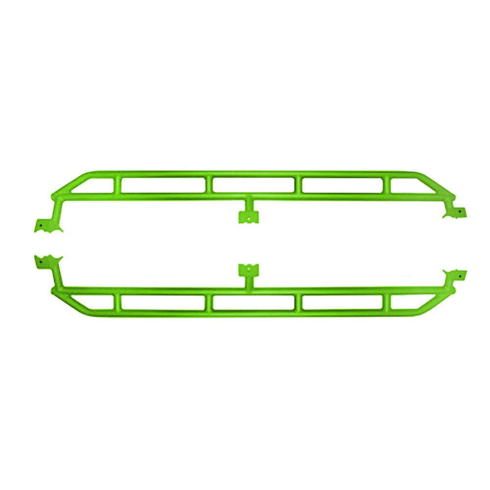 Neon green heavy-duty rock sliders for 2019-current Jeep Gladiator, providing side protection for off-roading.