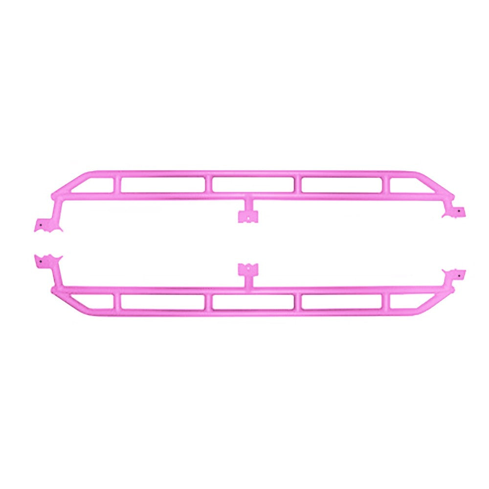 Light pink heavy-duty rock sliders for 2019-current Jeep Gladiator, providing side protection for off-roading.