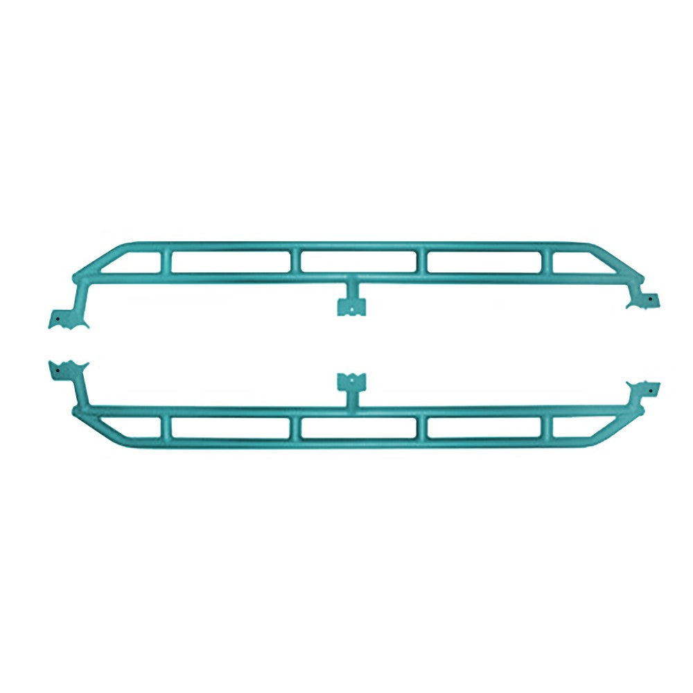 Teal heavy-duty rock sliders for 2019-current Jeep Gladiator, providing side protection for off-roading.