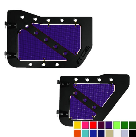 Dark purple mesh screens for Ace Engineering trail doors on 2018-current Jeep Wrangler JLU.
