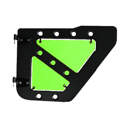 Lime green mesh screens for rear Ace Engineering trail doors on 2007-2018 Jeep Wrangler JKU.