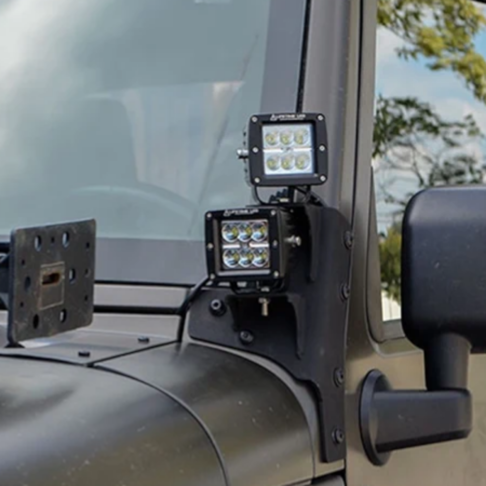 Dual cowl light mounts for 2007-2018 Jeep Wrangler, compatible with LED or auxiliary lights.