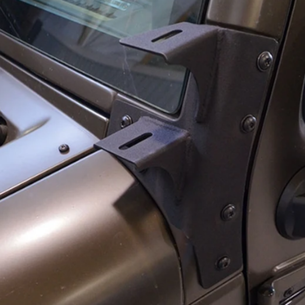 Dual cowl light mounts for 2007-2018 Jeep Wrangler, compatible with LED or auxiliary lights.