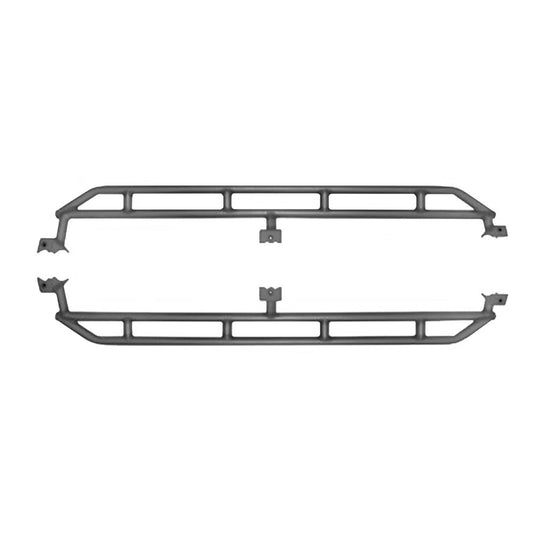 Raw heavy-duty rock sliders for 2019-current Jeep Gladiator, providing side protection for off-roading.