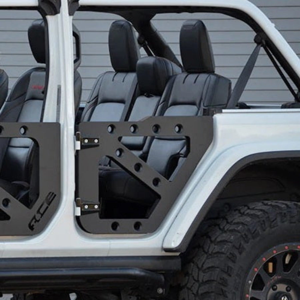 Full set of off-road trail doors for 2018-current Jeep Wrangler Unlimited JLU, offering protection with an open feel.