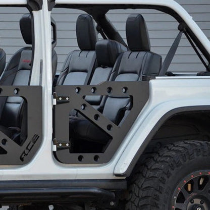 Full set of off-road trail doors for 2018-current Jeep Wrangler Unlimited JLU, offering protection with an open feel.