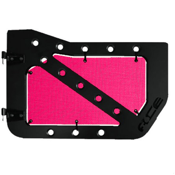 Hot pink mesh screens for Ace Engineering trail doors on 2007-2018 Jeep Wrangler JK.