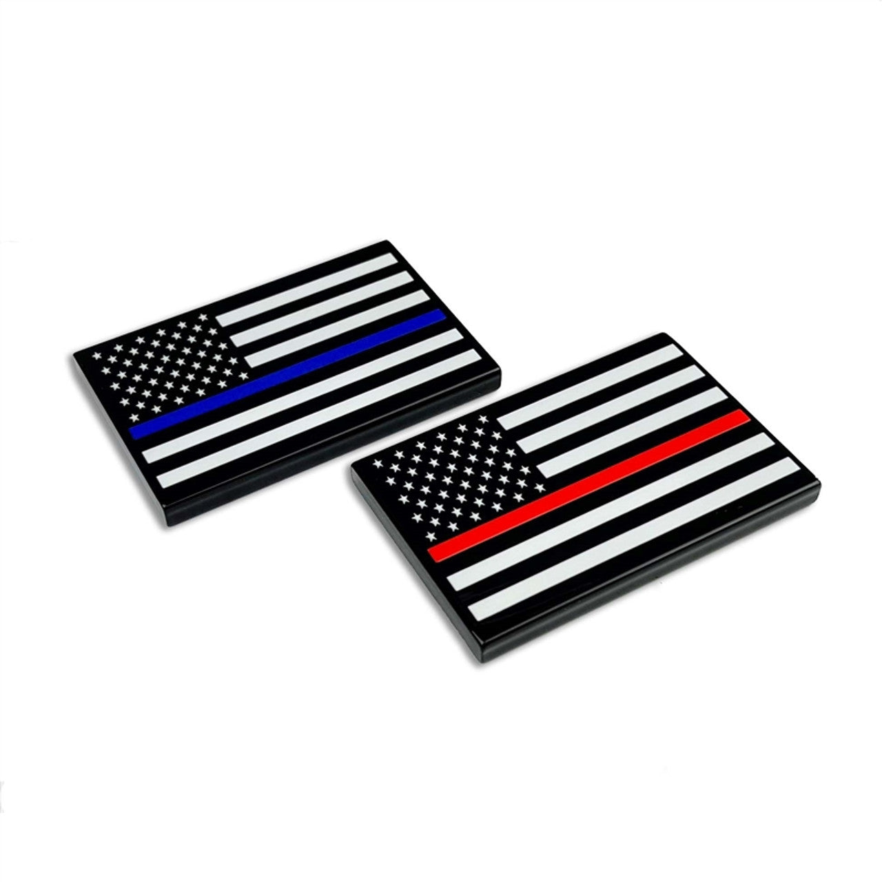 Billet aluminum thin blue line and thin red line American flag badges for Jeep customization. Sold in pairs.