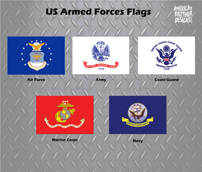 Billet aluminum American Armed Forces flag badges for Jeep customization. Sold in pairs, available in 60 flag options for a personalized touch.