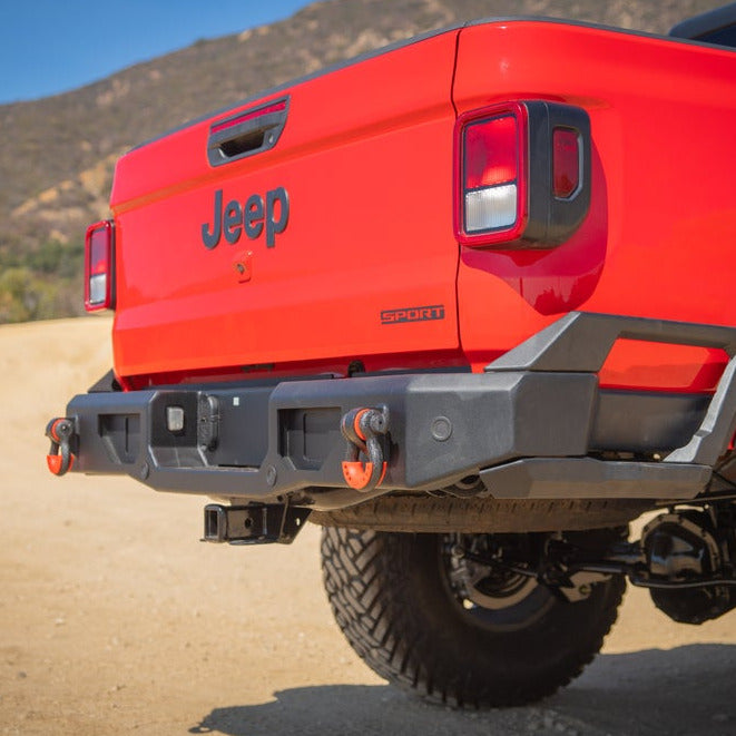 Quarter view of Body Armor 4x4 Rear Bumper for 2020-Current Gladiator on red Jeep Gladiator