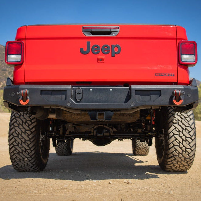 Direct View of Body Armor 4x4 Rear Bumper for 2020-Current Gladiator on red Jeep Gladiator