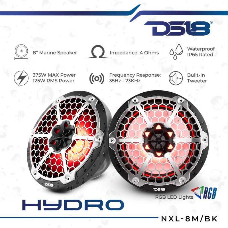 DS18 - 8 Inch, 375 Watt, RGB Marine/Car Audio Speakers (Pair)