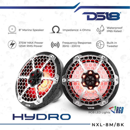 DS18 - 8 Inch, 375 Watt, RGB Marine/Car Audio Speakers (Pair)