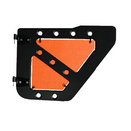 Orange mesh screens for rear Ace Engineering trail doors on 2007-2018 Jeep Wrangler JKU.