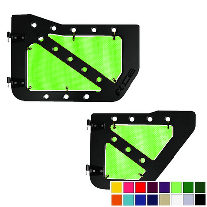Lime green mesh screens for Ace Engineering trail doors on 2007-2018 Jeep Wrangler JKU.