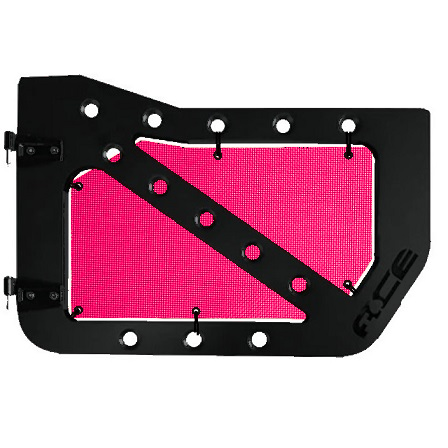 Hot pink mesh screens for front Ace Engineering trail doors on 2007-2018 Jeep Wrangler JKU.