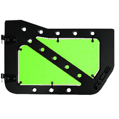 Lime green mesh screens for front Ace Engineering trail doors on 2007-2018 Jeep Wrangler JKU.