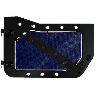 Dark blue mesh screens for front Ace Engineering trail doors on 2007-2018 Jeep Wrangler JKU.