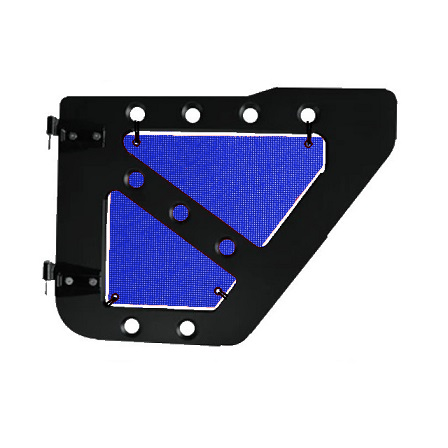 Blue mesh screens for rear Ace Engineering trail doors on 2007-2018 Jeep Wrangler JKU.