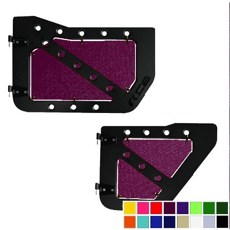 Burgundy mesh screens for Ace Engineering trail doors on 2007-2018 Jeep Wrangler JKU.