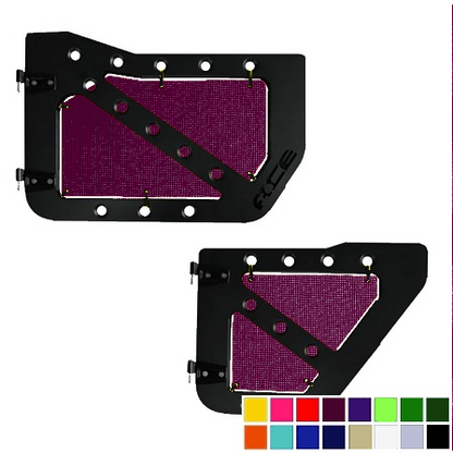 Burgundy mesh screens for Ace Engineering trail doors on 2007-2018 Jeep Wrangler JKU.