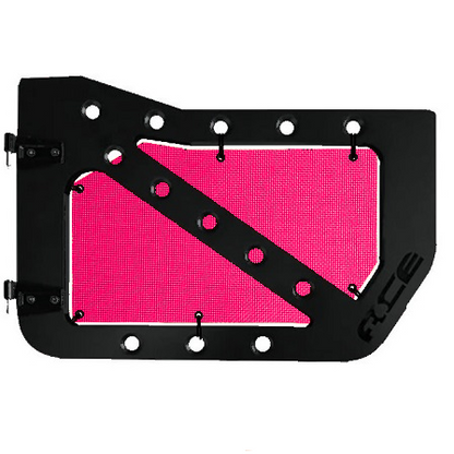 Hot pink mesh screens for front Ace Engineering trail doors on 2020-Current Jeep Gladiator JT.