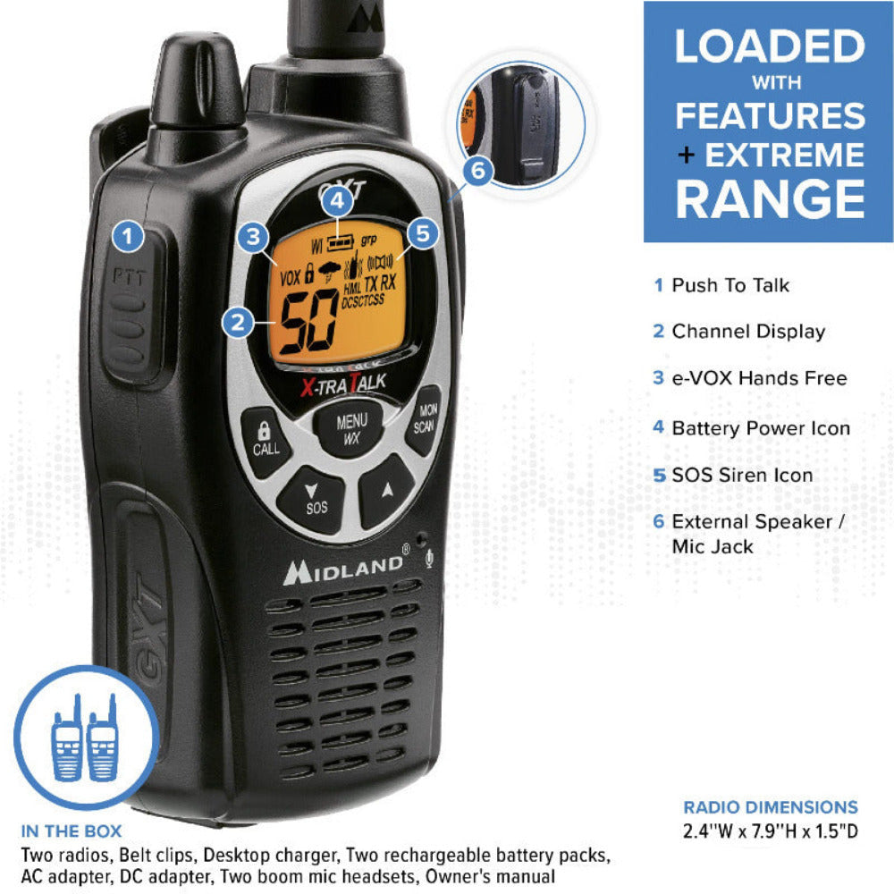 Midland - 50 Channel GMRS Two-Way Radios (Black/Silver)(Pair)