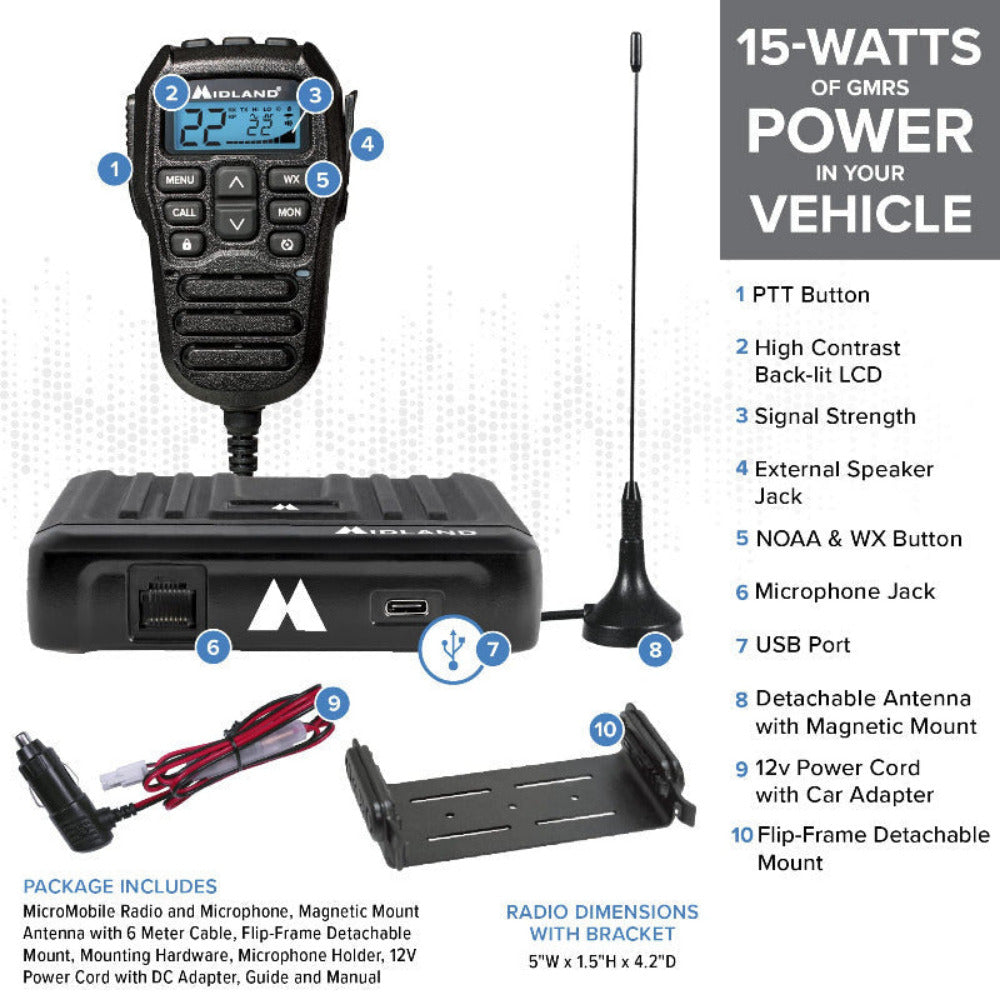 Midland - MicroMobile 15 Watt GMRS Radio w/ Roll Bar Mount Antenna