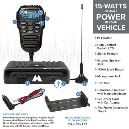 Midland - MicroMobile 15 Watt GMRS Radio w/ Roll Bar Mount Antenna