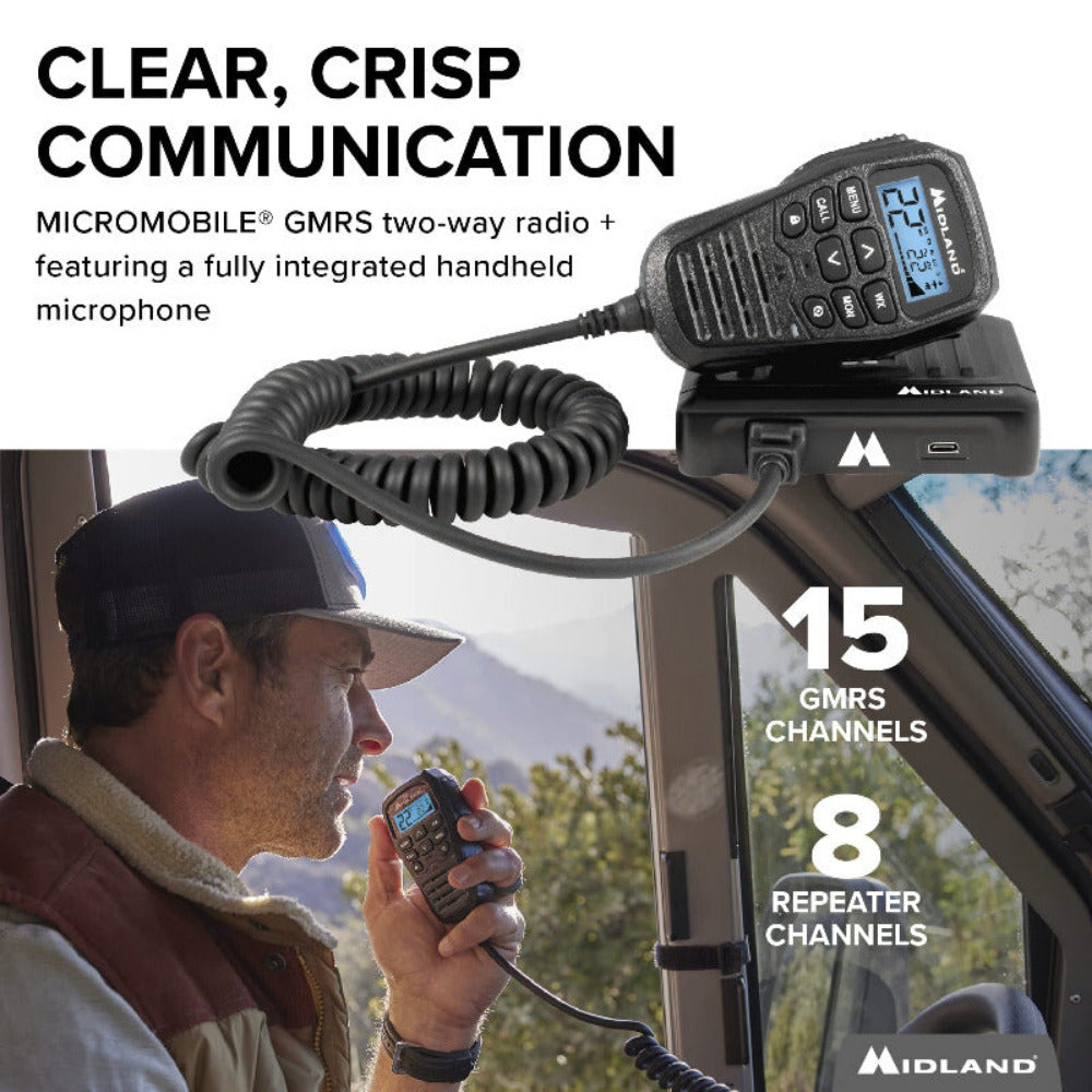 Midland - MicroMobile 15 Watt GMRS Radio w/ Roll Bar Mount Antenna
